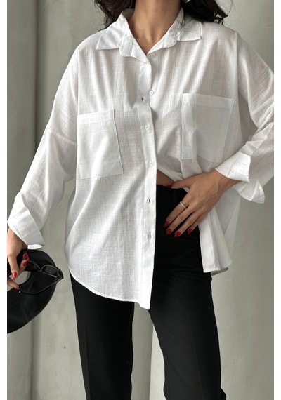Paw Garage Kadın Harper Çift Cepli Oversize Keten Gömlek, 2025 Summer Collection Beyaz