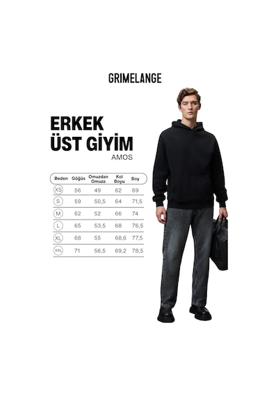 Grımelange AMOS Erkek Yumuşak Kumaşlı 3 İplik Oversize Kapüşonlu Kanguru Cepli Siyah Sweatshirt
