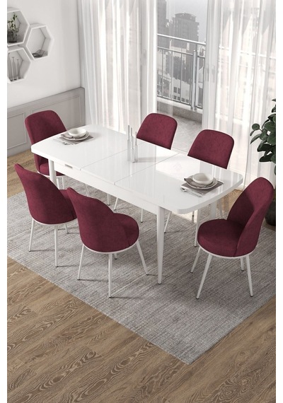 Canisa Concept Kor Serisi, 70x114 Açılabilir Beyaz Yemek Masası Takımı,6 Bordo Sandalye Masa Beyaz Sandalyeler Bordo