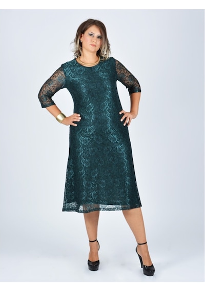 Nidya Moda Büyük Beden Sıfır Yaka Dantel Elbise-4036Y Çok Renkli