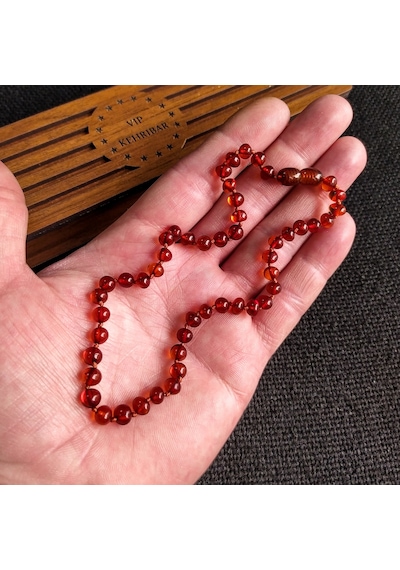 Sertifikalı Konyak Rengi 35 cm Kız Erkek Bebek Diş Kolyesi Mavi
