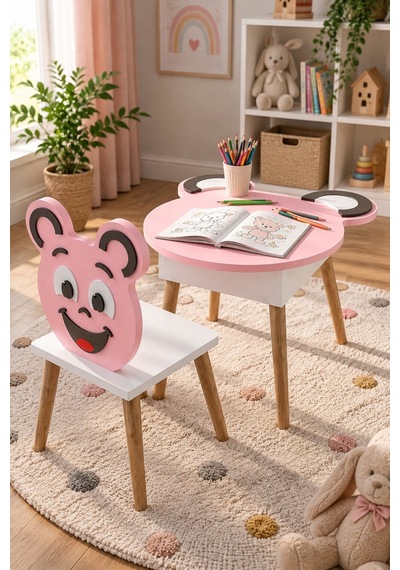 Sulorahome Happy Face Çocuk Masa Ve Sandalye Seti Pembe Pembe - Beyaz