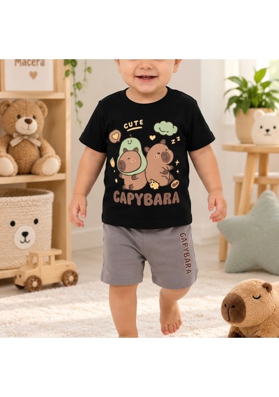 Candar Capybara Baskılı Şortlu Bebek Takımı 9/24 Ay Siyah