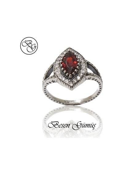 Oval Kırmızı Taşlı Otantik Gümüş Set Rose Gold - Gümüş