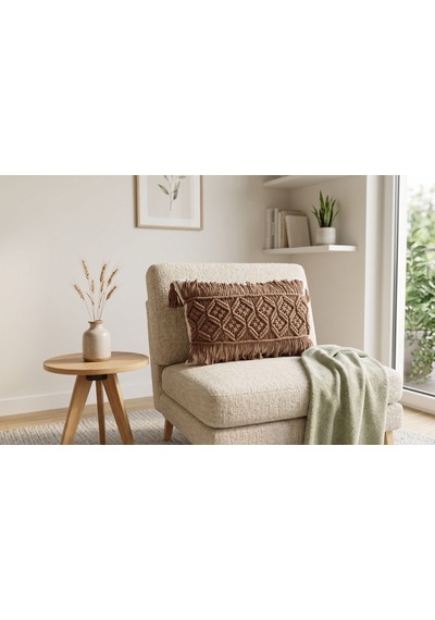 Sonbahar Esintisi: Kahverengi Makrome Lumbar Kırlent Kılıfı - Ekru Kılıflı 35x50 Cm Diğer