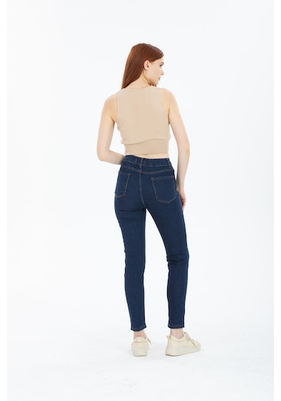Kadın Mavi Yüksek Bel Yumuşak Dokunuşlu Rahat Kesim Mom Jeans Kot Pantolon Koyu Mavi