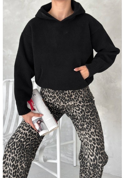 Femelle Kadın Siyah Standart Beden Kapüşonlu Peluş Triko Sweatshirt