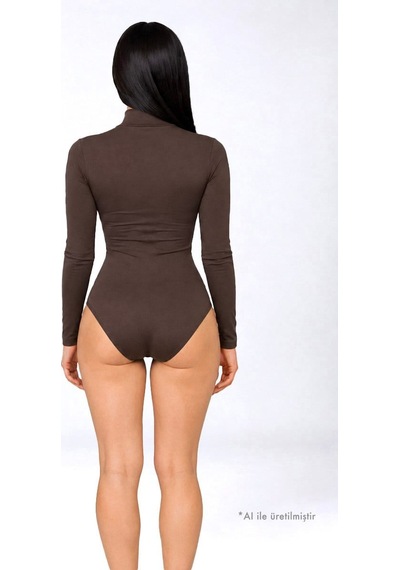 Cottonhıll Premium - Drape Collection Kahverengi Viskon Balıkçı Yaka Uzun Kollu Çıtçıtlı Kadın Bodysuit