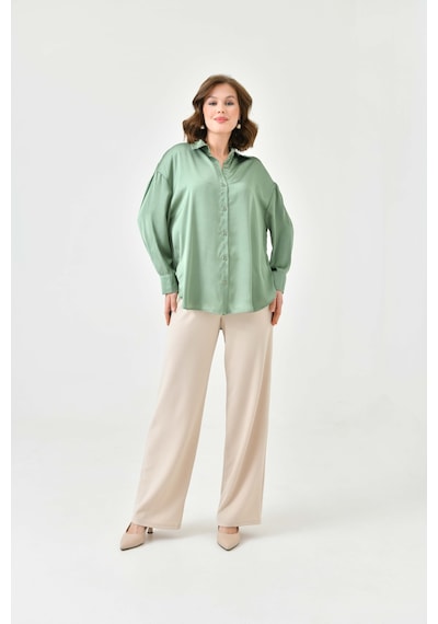 Pera Moda Kadın Salaş Oversize Kesim İpek Saten Gömlek Çağla