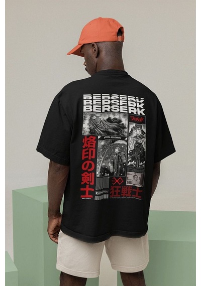 Berserk Baskılı Unisex Oversize Anime Tişört Siyah