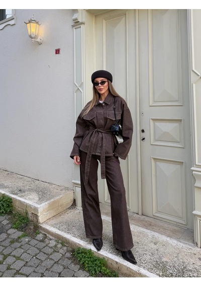 Mürdüm Bağlamalı Denim Ceket Pantolon Takım