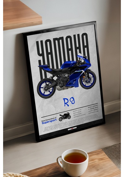 Yamaha R9 Siyah Ahşap Çerçeveli Poster, Dekoratif Motosiklet Duvar Tablosu