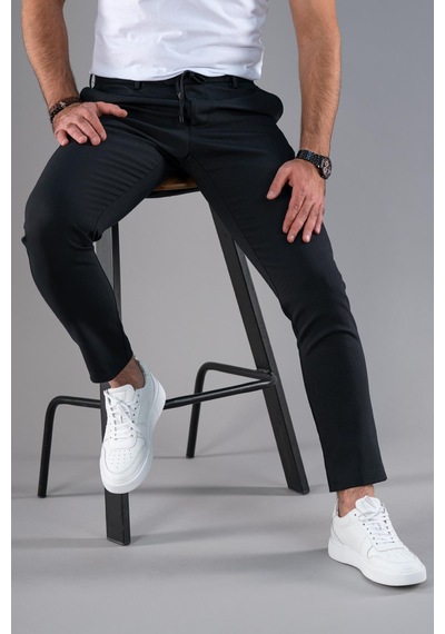 SLİMFİT DAR PAÇA BELİ İPLİKLİ DOKULU KIŞLIK KUMAŞ PANTOLON Siyah