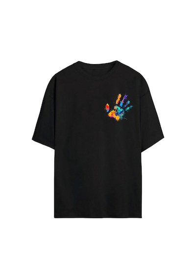 Thewert Unisex Renkli El Baskılı Siyah Oversize Tshirt