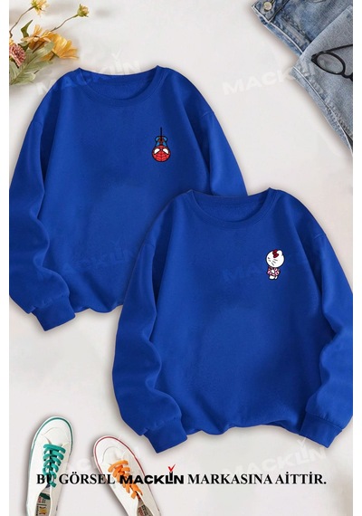 Macklin Sevgili Çift Kombin Hello Kitty Spiderman Göğüs Baskılı Bisiklet Yaka Sweatshirt 2li Set Takım Mavi Mck1402 Mavi