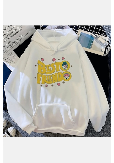 Jujutsu Kaisen Besto Friendo Beyaz Kapşonlu Sweatshirt
