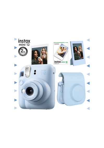 Fujifilm Instax Mini 12 Fotoğraf Makinesi + 10'lu Film + Çerçeve + Deri Kılıf Seti Mavi