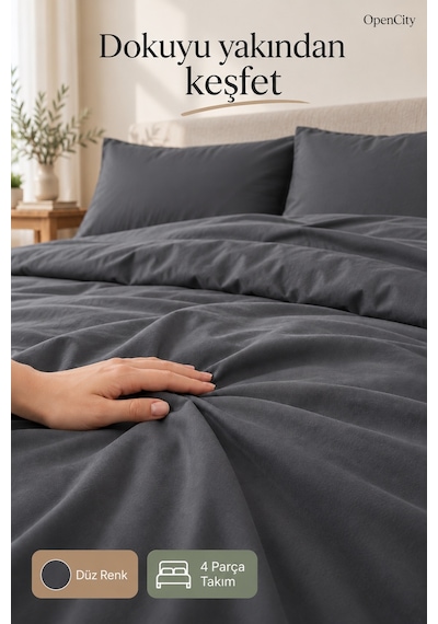 Çift Kişilik Antrasit Nevresim Takımı 4 Parça Düz Renk 180x220 Nevresim 180x240 Çarşaf 2 Yastık Klf