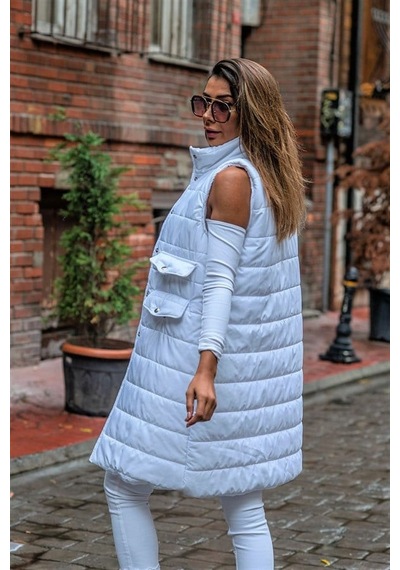 Veraura Lifestyle Beyaz Dik Yaka Cep Detaylı Uzun Şişme Yelek