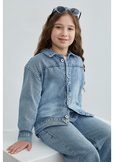 Fullamoda Taşlı Beli Lastikli Kız Çocuk Jean 3 Lü Takım Mavi