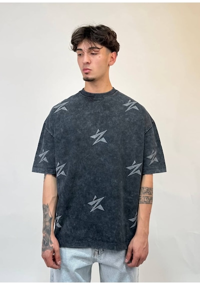 Zaee Star Baskılı Oversize Tişört Siyah Eskitme
