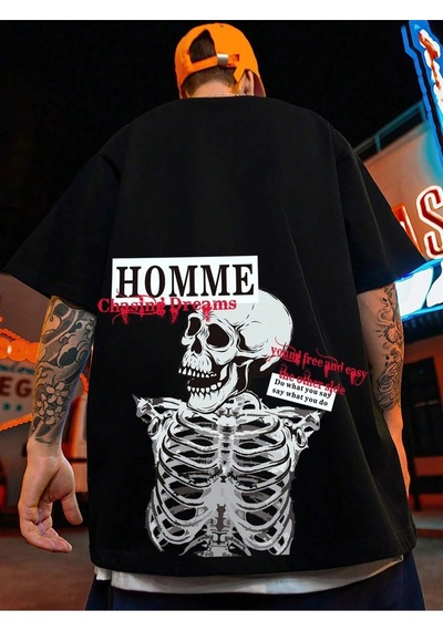 Startmore Adrift Unisex Oversize Kalıp Sloganlı Ve İskelet Baskılı Harajuku Style Siyah