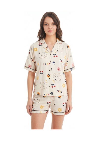 Hepsine Rakip Kadın Düğmeli Kısa Kollu Şortlu Pijama Takımı Cutebear 7518 Krem