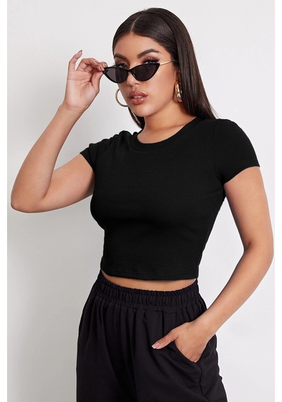Veraura Lifestyle Kadın Siyah Yuvarlak Yaka Yarım Kol Crop Top Bluz