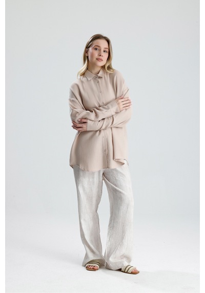Manche Yıkamalı %100 Pamuk Müslin Oversize Gömlek - Bej Mks165030-01