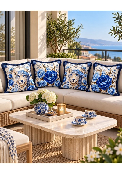 Mavi Leopar Desenli 4 Lü Saçaklı Kırlent Kılıfı 45 x 45
