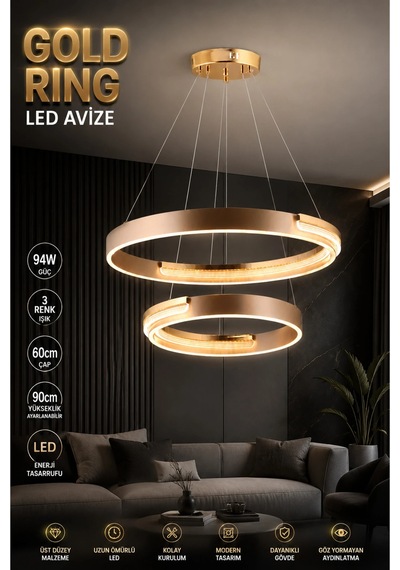 Modern Premium Led Modern Gold Kasa Halka Tasarım Sarkıt Avize Salon Yemek Masası 94w 3 Renk Beyaz