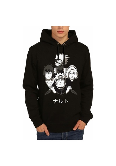 Bant Giyim - Naruto Team 7 Siyah Kapşonlu Erkek Sweatshirt
