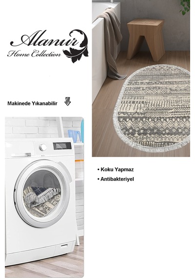 Dekoreko Kaymaz Taban Djt Banyo Halısı Star Pamuk Saçaklı Oval Iskandinav F5080 gri