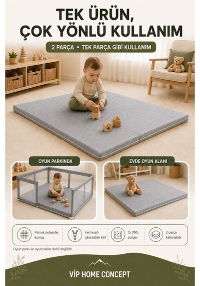 Oyun Alanına Uygun Katlanabilir Sünger Oyun Parkı Minderi Bebek Yatağı - Gri 120x120x6 CM