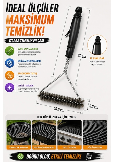 2 Adet Barbekü Mangal Izgara Temizlik Fırçası Paslanmaz Çelik Tel Ergonomik Saplı Izgara Fırçası