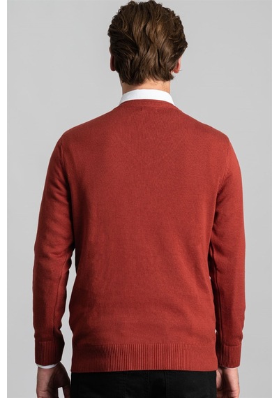 Tudors Slim Fit Dar Kesim V Yaka Pamuklu Erkek Kazak-22230 Tarçın