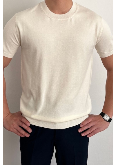 Tarz Cool Erkek Slim Fit Bisiklet Yaka Triko T-shirt Beyaz