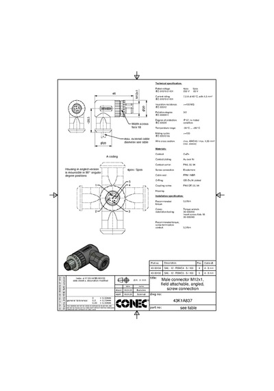 M12 5 Pin Erkek 90° Konnektör Conec 43-00106