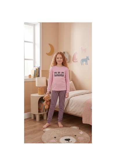Formo Kız Çocuk %100 Doğal Pamuk Manşet Paça Uzun Kollu Pijama Takımı Pembe