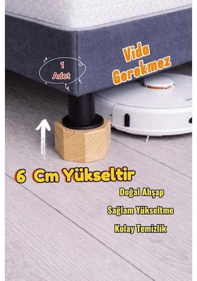 Robot Süpürge İçin Doğal Ahşap Koltuk Baza Yükseltici, "6 Cm Yükseltir" Oyuklu Takoz 1 Adet