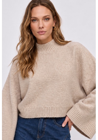Neden Tekstil Kadın Premium Yarasa Geniş Kol Crop Triko Kazak - Taupe