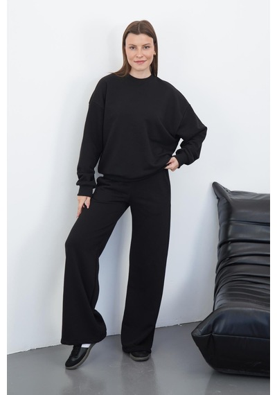 Penyebizden Kadın Pamuk 3 İplik Şardonsuz Oversize Sweatshirt & Geniş Paça Eşofman Altı Takım-siyah