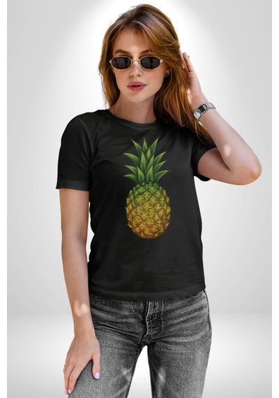 Ananas Meyve Unisex Unisex Siyah Organik Baskılı T-shirt Penye Yüksek Kalite Siyah