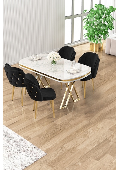 Canisa Zae Serisi 90x168 Lak Panel Beyaz Mermer Desen Gold Ayak Masa Takımı 4 Siyah Sandalye Beyaz Mermer Desen Masa,siyah Sandalye Canisa Zae Serisi 90x168 Lak Panel Beyaz Mermer Desen Gold Ayak Masa Takımı 4 Siyah Sandalye Beyaz Mermer Desen Masa,siyah Sandalye