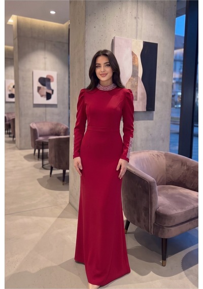 Dorne Moda Taş İşlemeli Yaka Ve Kol Detaylı Uzun Davet Elbisesi Kırmızı Kırmızı