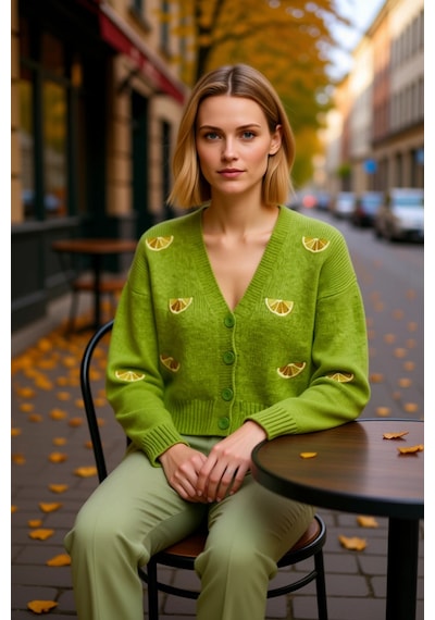 Benerly Kadın Oversize Crop V Yaka Düşük Kol Nakışlı Triko Hırka Portakal Yeşil