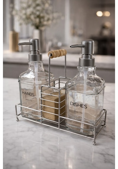 Makri Home Lüks Cam Ikili Sıvı Sabunluk & Deterjanlık Seti-500 Ml Cam Sabunluk, Bambu Kulplu Metal Stantlı Siyah