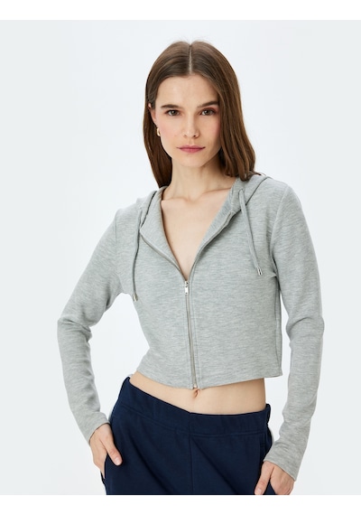 Koton Kapüşonlu Fermuarlı Crop Sweatshirt Gri Melanj 5wak10079ek Gri Melanj