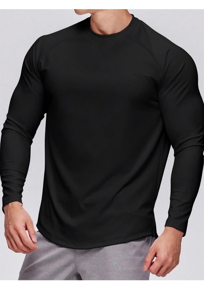 Ghassy Co. Erkek Running Sports Reglan Oval Kesim Uzun Kollu Pamuklu Penye T-shirt Siyah