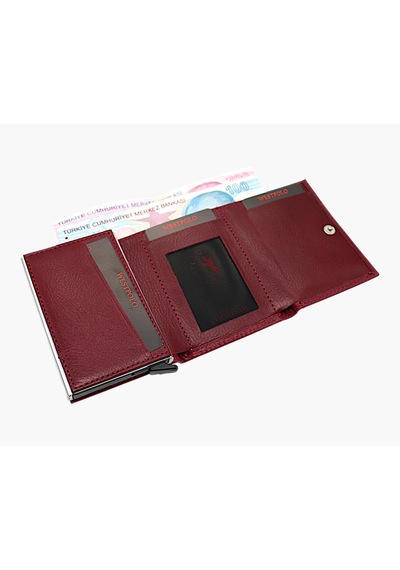 Westpolo Hakiki Deri Kağıt Para Bölmeli Unisex Mekanizmalı Cüzdan - Bordo Bordo